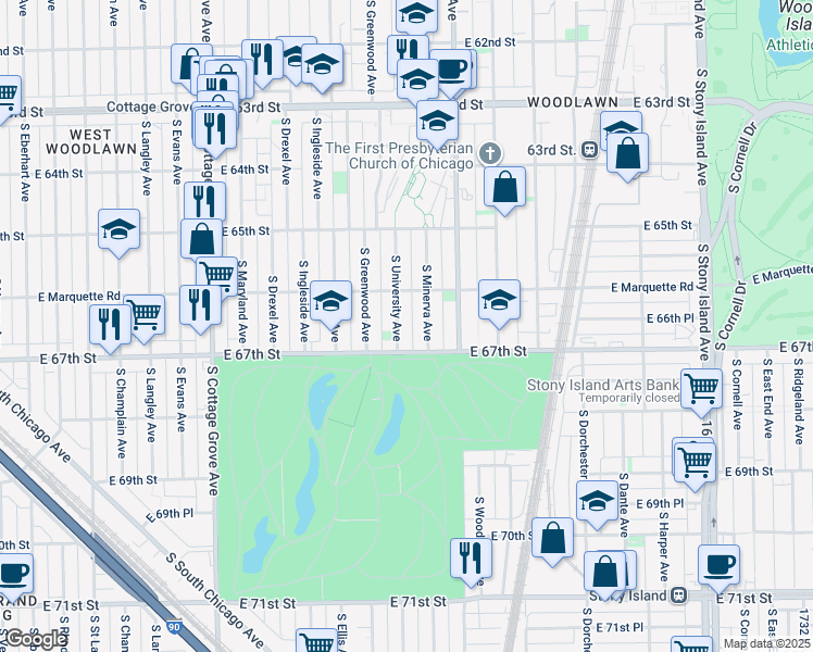 map of restaurants, bars, coffee shops, grocery stores, and more near 6652 South University Avenue in Chicago