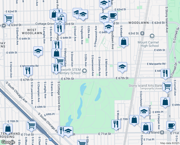map of restaurants, bars, coffee shops, grocery stores, and more near 1026 East 67th Street in Chicago