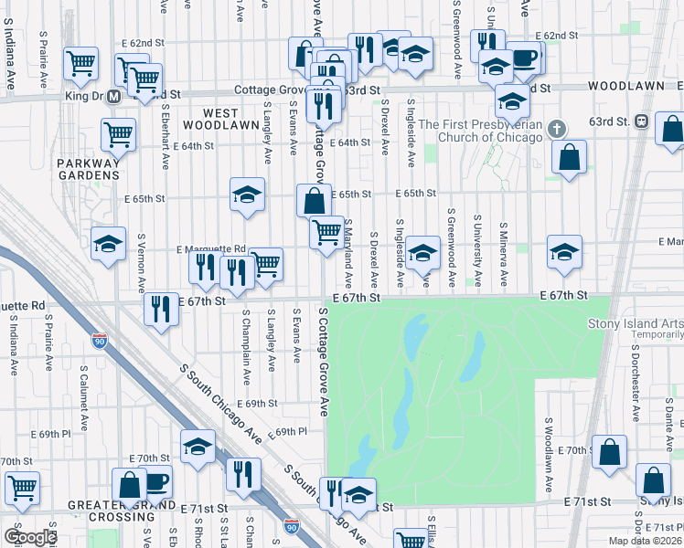 map of restaurants, bars, coffee shops, grocery stores, and more near 6647 South Maryland Avenue in Chicago