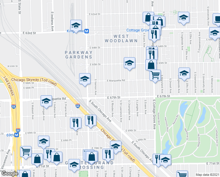 map of restaurants, bars, coffee shops, grocery stores, and more near 6644 South Rhodes Avenue in Chicago