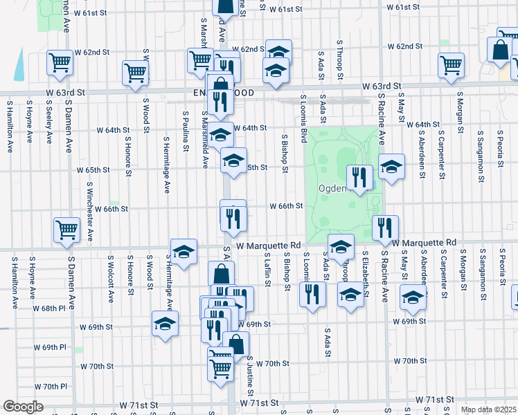 map of restaurants, bars, coffee shops, grocery stores, and more near 6619 South Laflin Street in Chicago