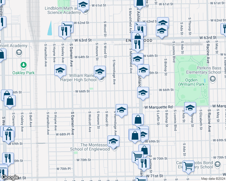 map of restaurants, bars, coffee shops, grocery stores, and more near 6613 South Hermitage Avenue in Chicago