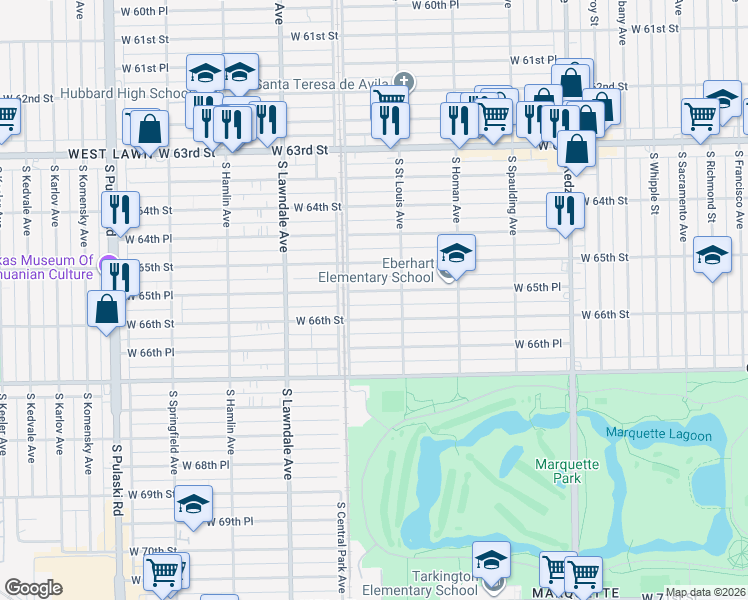 map of restaurants, bars, coffee shops, grocery stores, and more near 3516 West 66th Street in Chicago