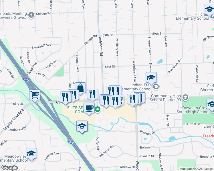 map of restaurants, bars, coffee shops, grocery stores, and more near 6215 Belmont Road in Downers Grove