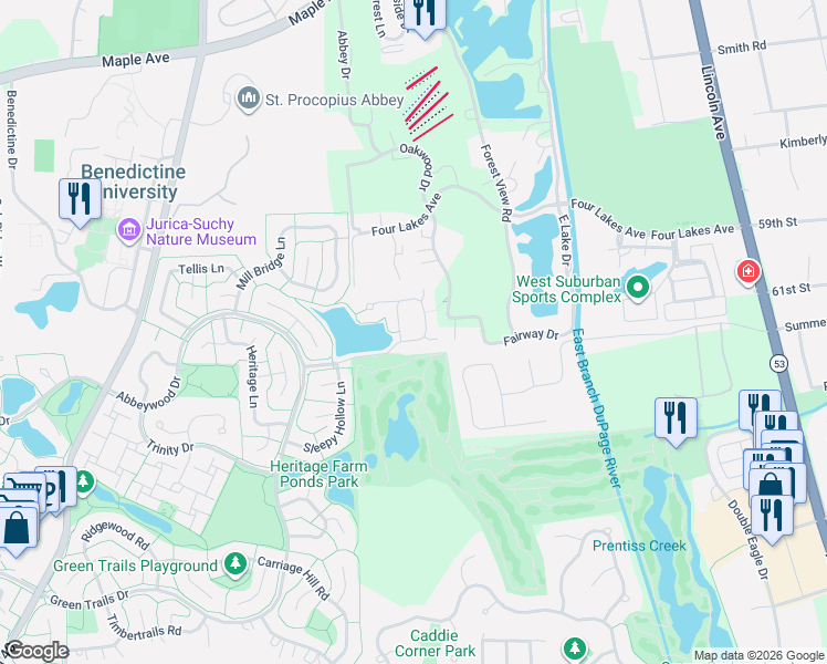 map of restaurants, bars, coffee shops, grocery stores, and more near 1745 Brookwood Road in Lisle