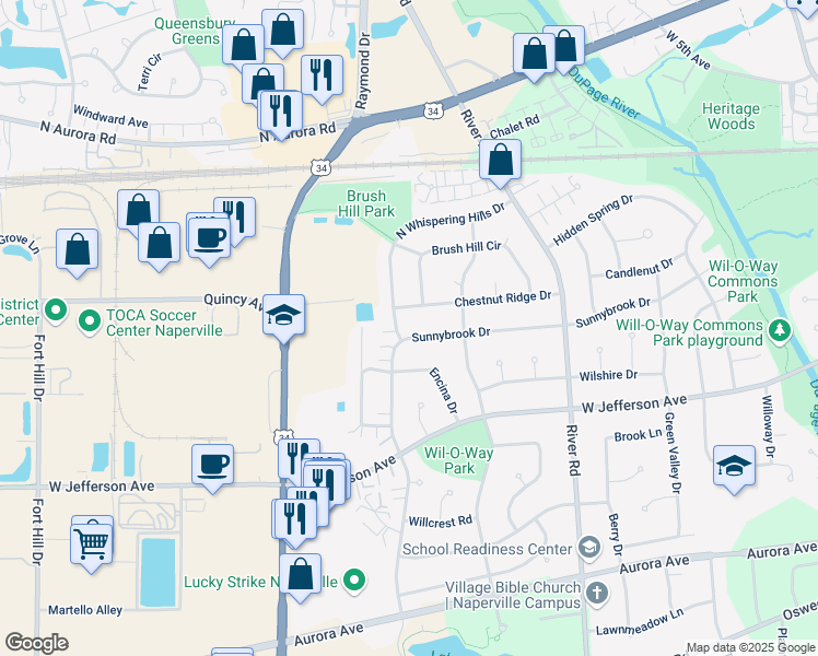 map of restaurants, bars, coffee shops, grocery stores, and more near 3 South Whispering Hills Drive in Naperville