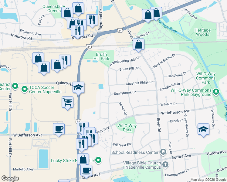 map of restaurants, bars, coffee shops, grocery stores, and more near 3 South Whispering Hills Drive in Naperville