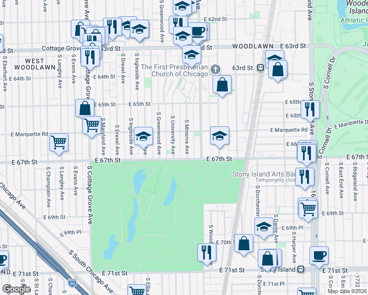 map of restaurants, bars, coffee shops, grocery stores, and more near 6653 South Minerva Avenue in Chicago