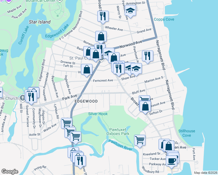 map of restaurants, bars, coffee shops, grocery stores, and more near 48 Moorland Avenue in Cranston