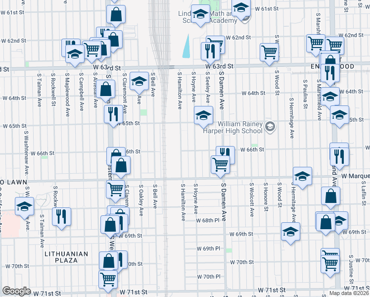 map of restaurants, bars, coffee shops, grocery stores, and more near 6610 South Hoyne Avenue in Chicago