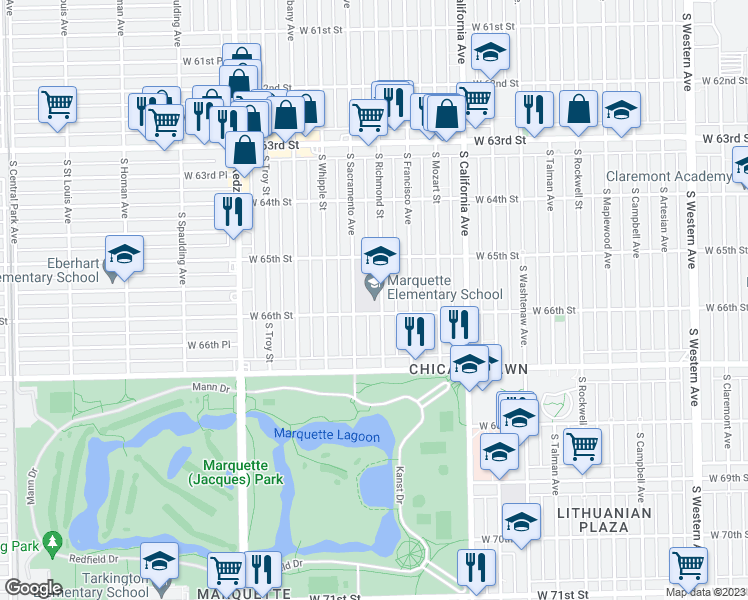 map of restaurants, bars, coffee shops, grocery stores, and more near 6550 South Richmond Street in Chicago