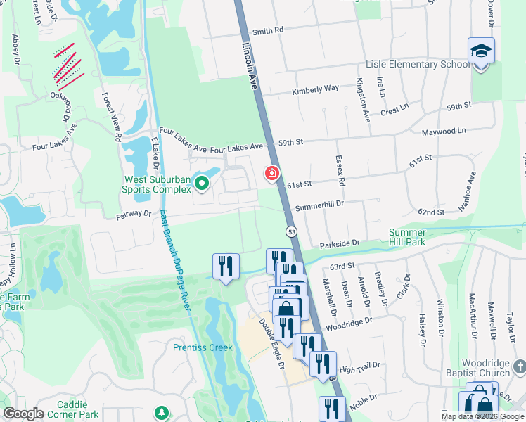 map of restaurants, bars, coffee shops, grocery stores, and more near 1196-1198 Summerhill Drive in Lisle