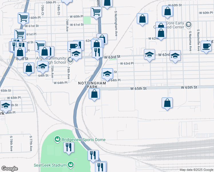map of restaurants, bars, coffee shops, grocery stores, and more near 7134 West 65th Street in Chicago