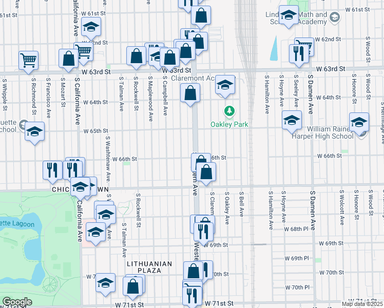 map of restaurants, bars, coffee shops, grocery stores, and more near 6554 South Western Avenue in Chicago