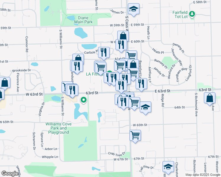 map of restaurants, bars, coffee shops, grocery stores, and more near 18 W125 South Suffield Court in Westmont