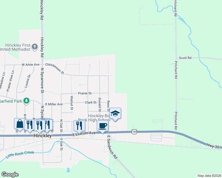 map of restaurants, bars, coffee shops, grocery stores, and more near 500 Rees Street in Hinckley