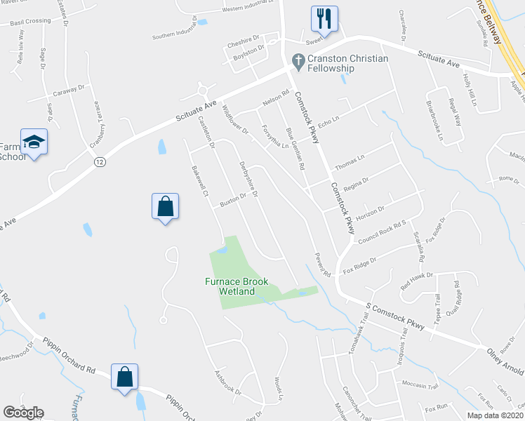 map of restaurants, bars, coffee shops, grocery stores, and more near 75 Derbyshire Drive in Cranston