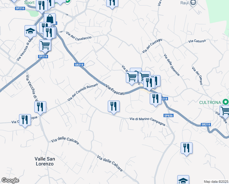 map of restaurants, bars, coffee shops, grocery stores, and more near 225 Via Frascati in Rocca di Papa