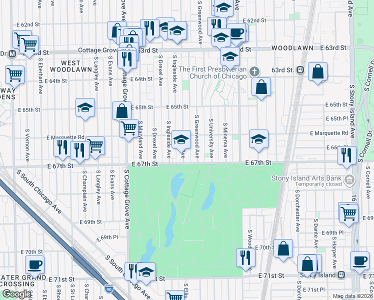 map of restaurants, bars, coffee shops, grocery stores, and more near 1026 East 67th Street in Chicago