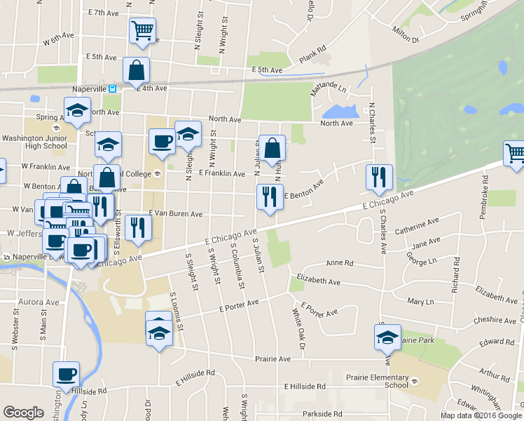 map of restaurants, bars, coffee shops, grocery stores, and more near 24 South Julian Street in Naperville