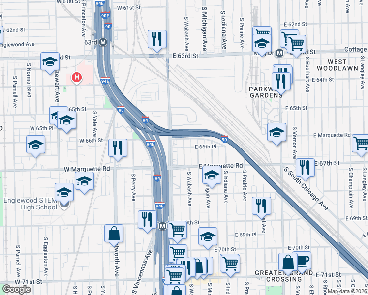 map of restaurants, bars, coffee shops, grocery stores, and more near South Wabash Avenue in Chicago