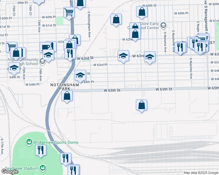 map of restaurants, bars, coffee shops, grocery stores, and more near 6901 West 65th Street in Bedford Park