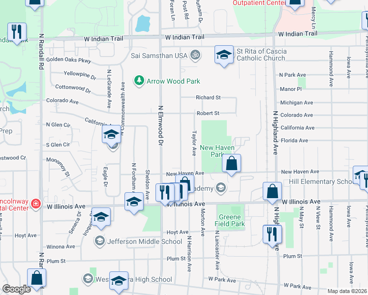 map of restaurants, bars, coffee shops, grocery stores, and more near 847 Foran Lane in Aurora
