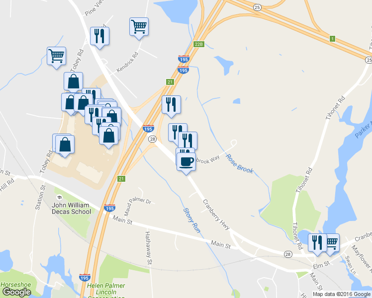 map of restaurants, bars, coffee shops, grocery stores, and more near 3 Garage Street in Wareham