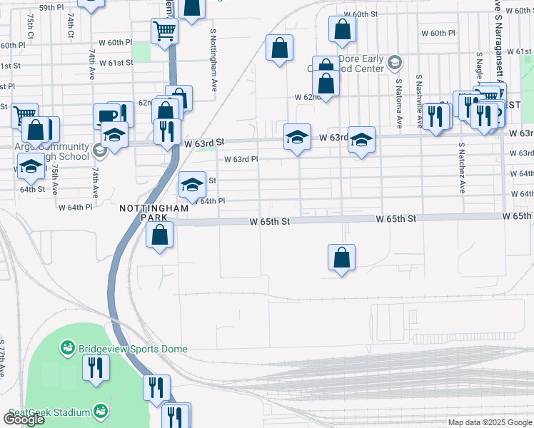 map of restaurants, bars, coffee shops, grocery stores, and more near 6952 West 65th Street in Chicago
