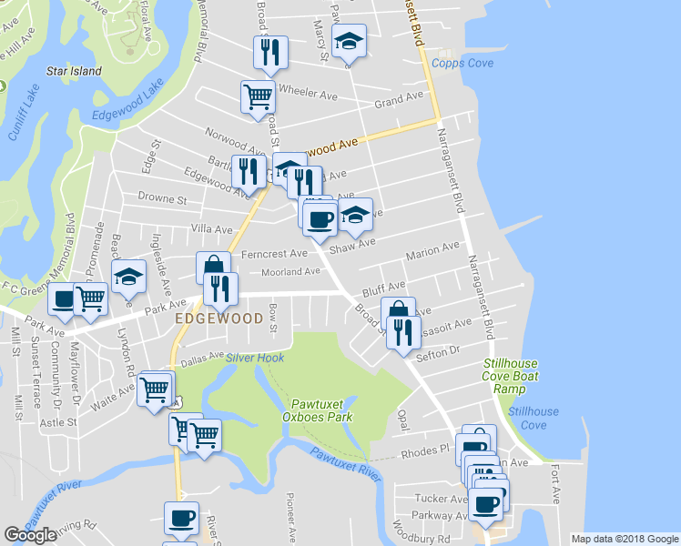 map of restaurants, bars, coffee shops, grocery stores, and more near 1912 Broad Street in Cranston