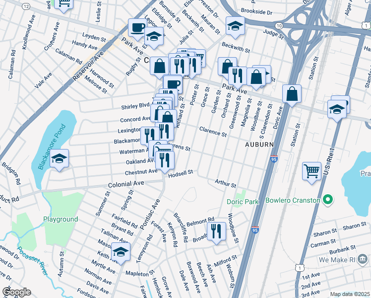 map of restaurants, bars, coffee shops, grocery stores, and more near 228 Grace Street in Cranston