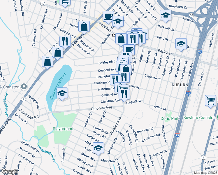 map of restaurants, bars, coffee shops, grocery stores, and more near 35 Oakland Avenue in Cranston