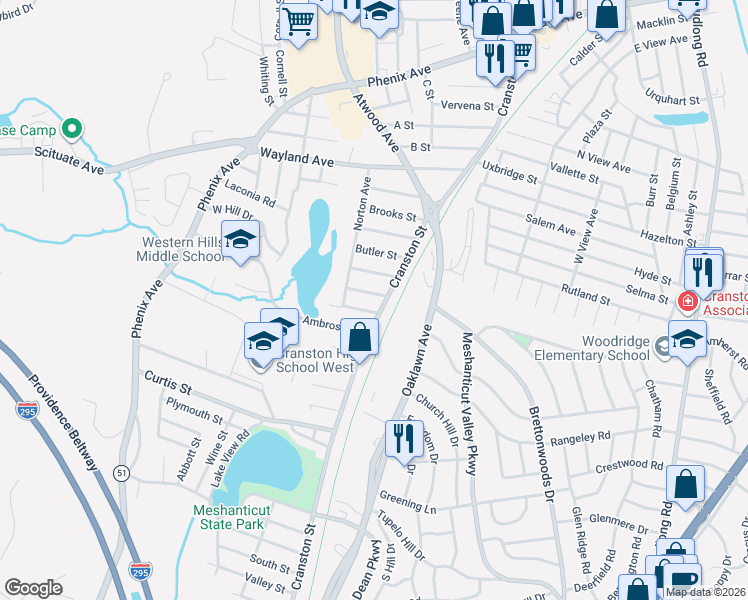 map of restaurants, bars, coffee shops, grocery stores, and more near 16 Charles Street in Cranston