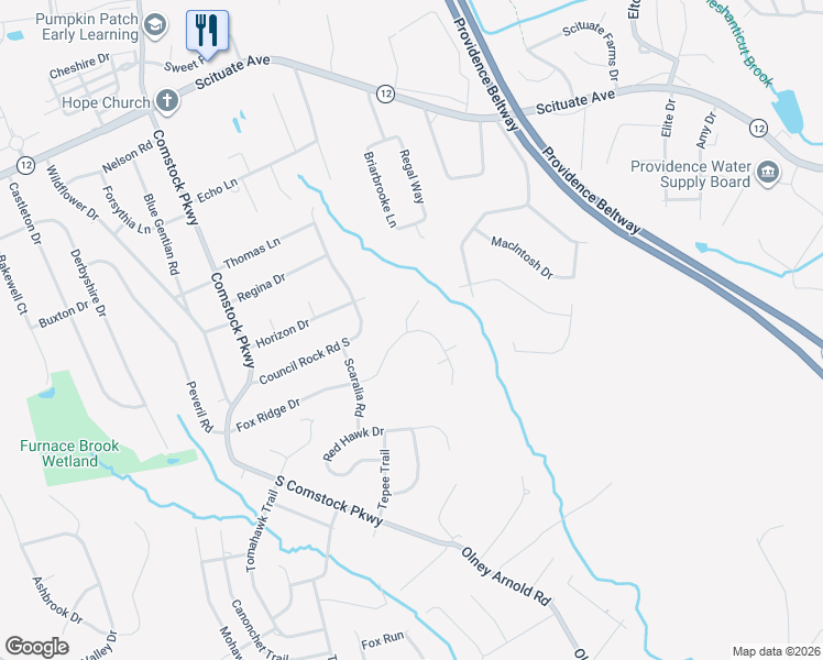 map of restaurants, bars, coffee shops, grocery stores, and more near 131 Fox Ridge Drive in Cranston
