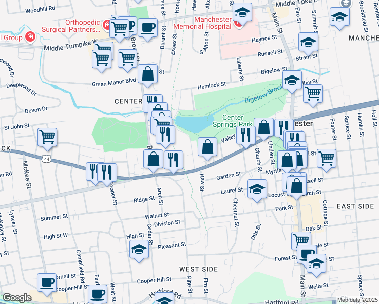 map of restaurants, bars, coffee shops, grocery stores, and more near 15 Edgerton Street in Manchester