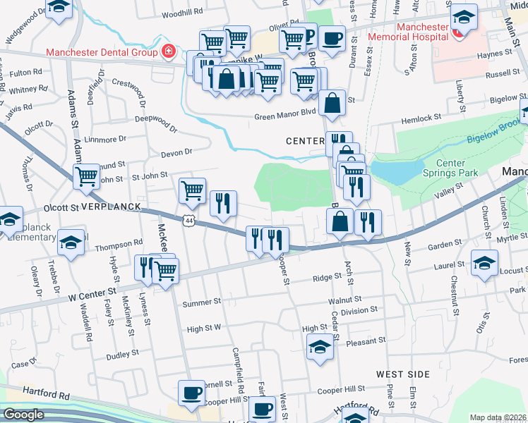 map of restaurants, bars, coffee shops, grocery stores, and more near 16 Lincoln Street in Manchester