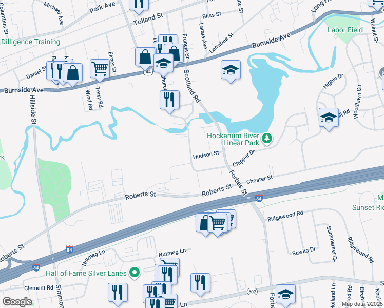 map of restaurants, bars, coffee shops, grocery stores, and more near 18 Old Roberts Street in East Hartford