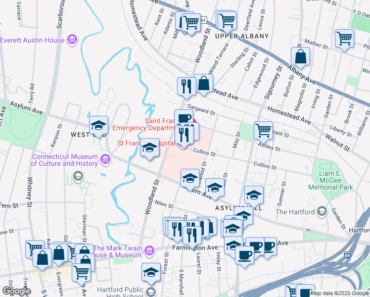 map of restaurants, bars, coffee shops, grocery stores, and more near 1000 Asylum Avenue in Hartford