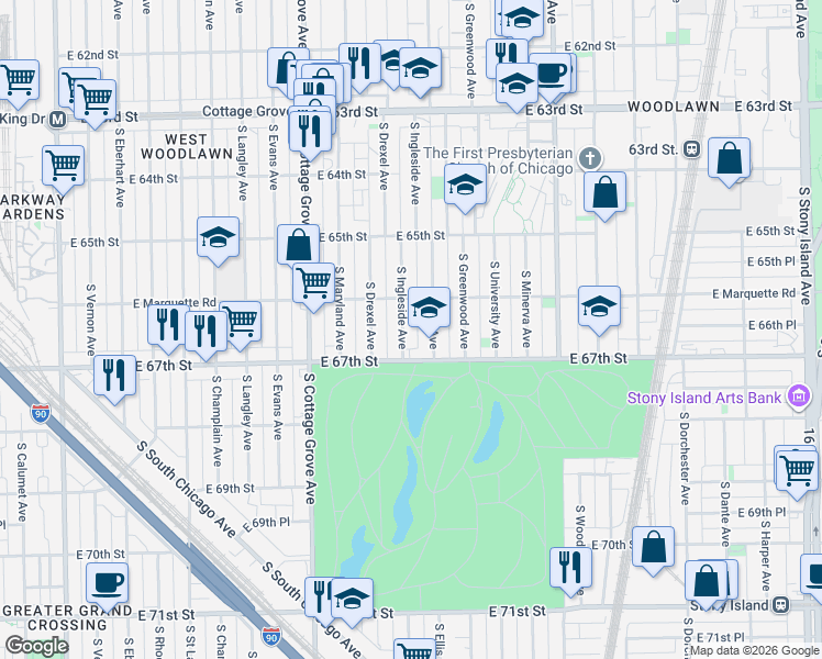 map of restaurants, bars, coffee shops, grocery stores, and more near 6676 South Ellis Avenue in Chicago