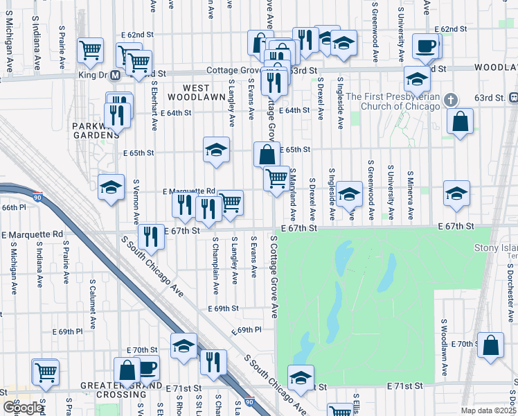 map of restaurants, bars, coffee shops, grocery stores, and more near 6646 South Cottage Grove Avenue in Chicago