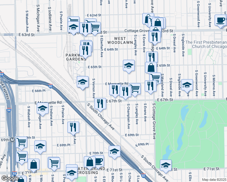 map of restaurants, bars, coffee shops, grocery stores, and more near 6644 South Rhodes Avenue in Chicago