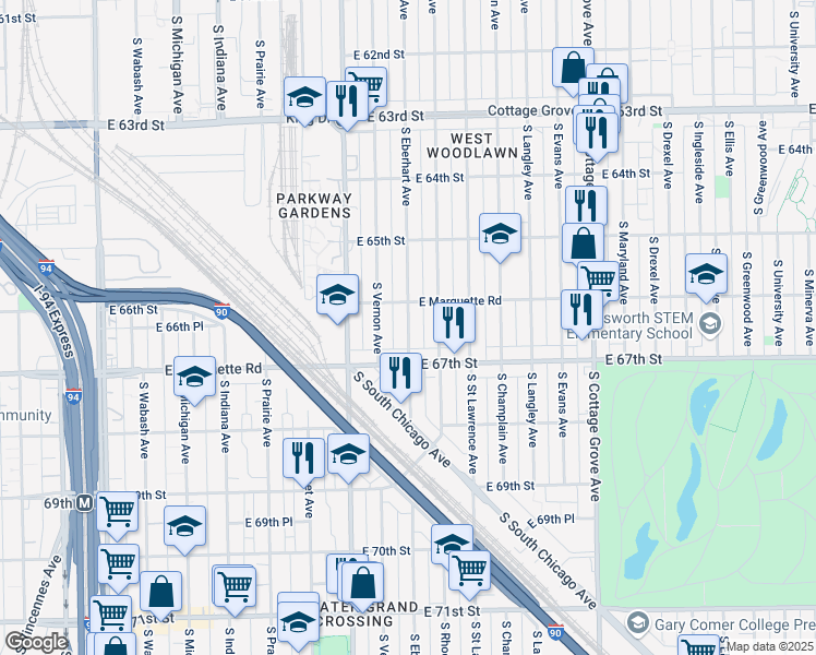 map of restaurants, bars, coffee shops, grocery stores, and more near 6644 South Marquette Road in Chicago