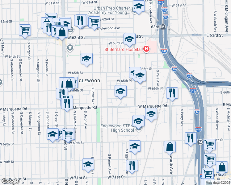 map of restaurants, bars, coffee shops, grocery stores, and more near 514 West 66th Place in Chicago