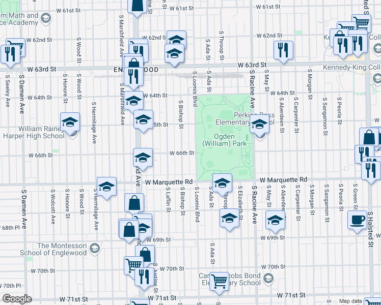 map of restaurants, bars, coffee shops, grocery stores, and more near 6617 South Bishop Street in Chicago