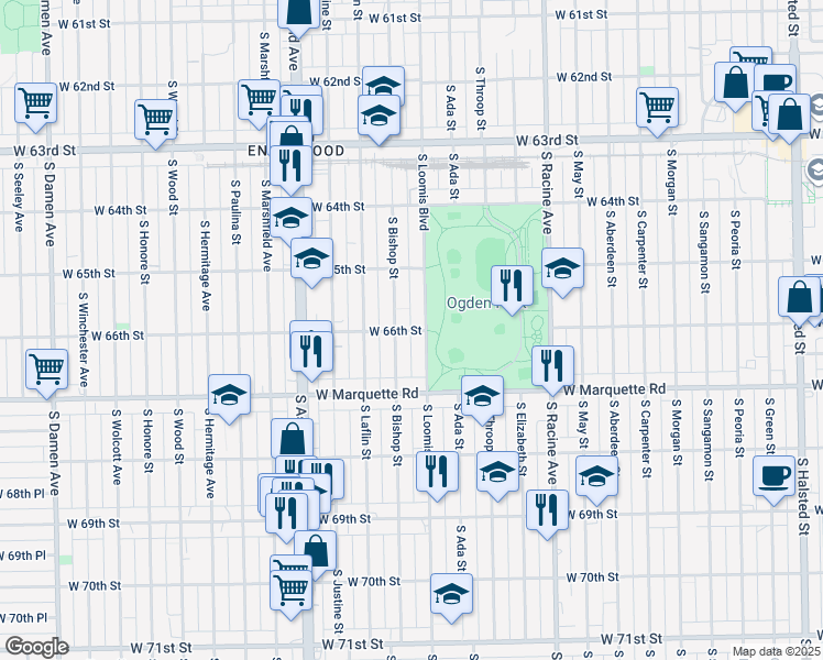 map of restaurants, bars, coffee shops, grocery stores, and more near 6617 South Bishop Street in Chicago