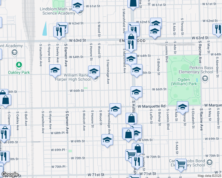 map of restaurants, bars, coffee shops, grocery stores, and more near 6613 South Hermitage Avenue in Chicago