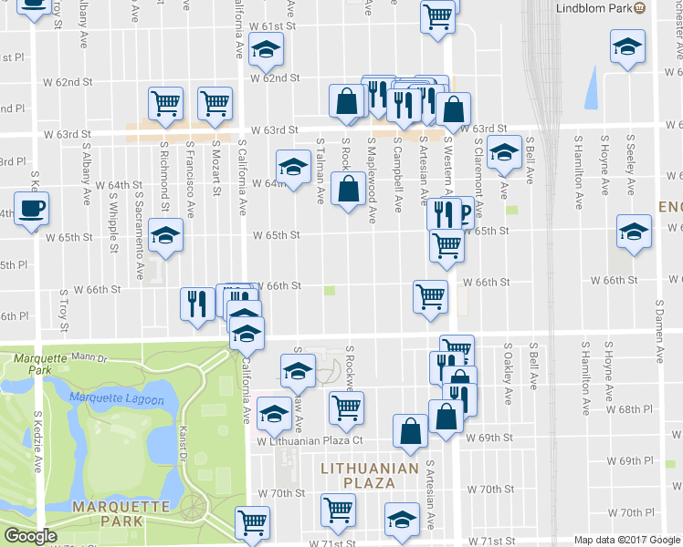 map of restaurants, bars, coffee shops, grocery stores, and more near 6604 South Rockwell Street in Chicago