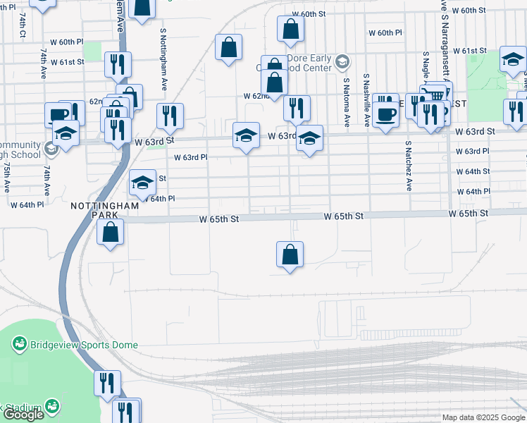 map of restaurants, bars, coffee shops, grocery stores, and more near 6855 West 65th Street in Chicago