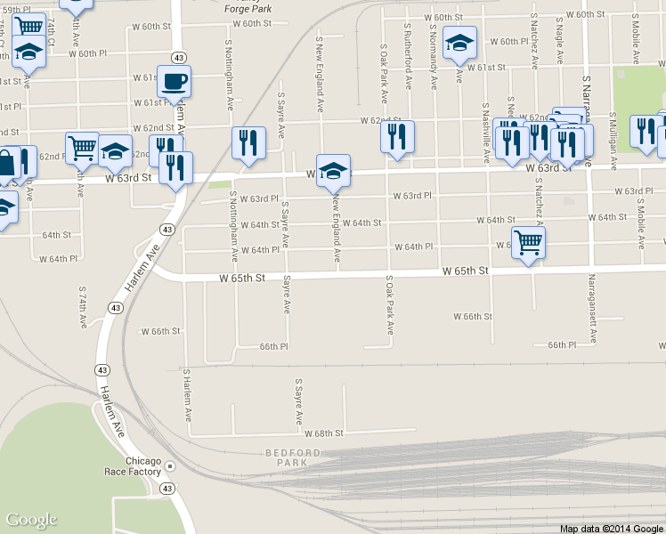 map of restaurants, bars, coffee shops, grocery stores, and more near in Bedford Park