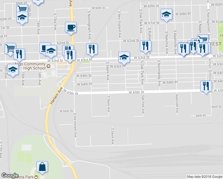 map of restaurants, bars, coffee shops, grocery stores, and more near 6901 West 65th Street in Bedford Park